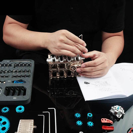 Metal 4-Cylinder V4 Car Engine Assembly Kit – 357-Piece DIY Model with Realistic Motion