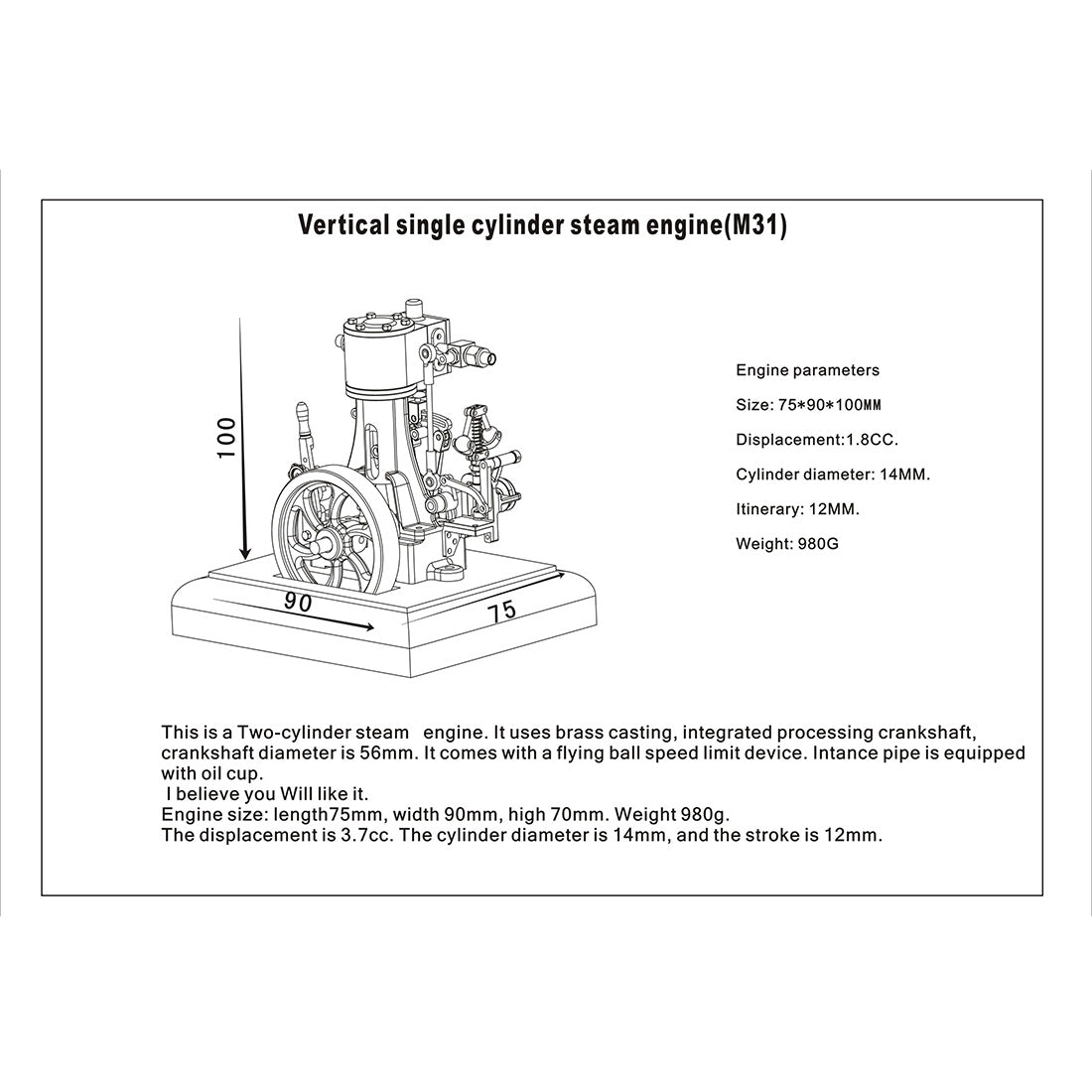 Mini Retro Vertical Steam Engine Model - M31 1.85CC Single-cylinder with Speed Reducer for Enthusiasts Engine Models Diyengmod