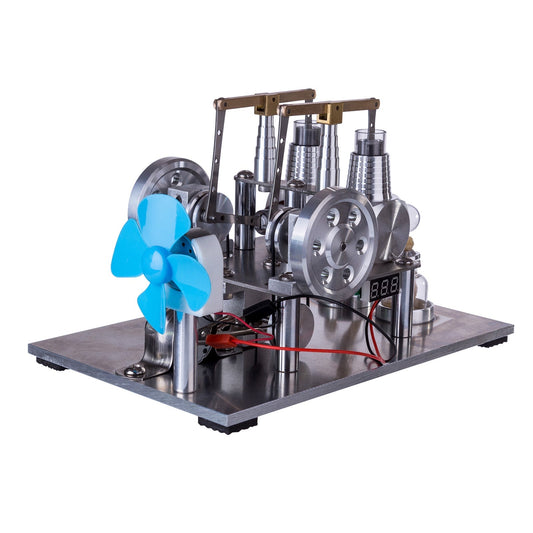 Dual Cylinder Hot Air Stirling Engine Generator with Bulb, Voltage Meter, and Fan - STEM Educational Toy Stirling Engine Diyengmod