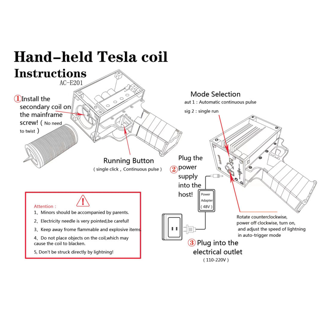 Handheld Tesla Coil with 10cm Arc - Educational Lightning Generator for Science Experiments - US Plug Engine Models Diyengmod