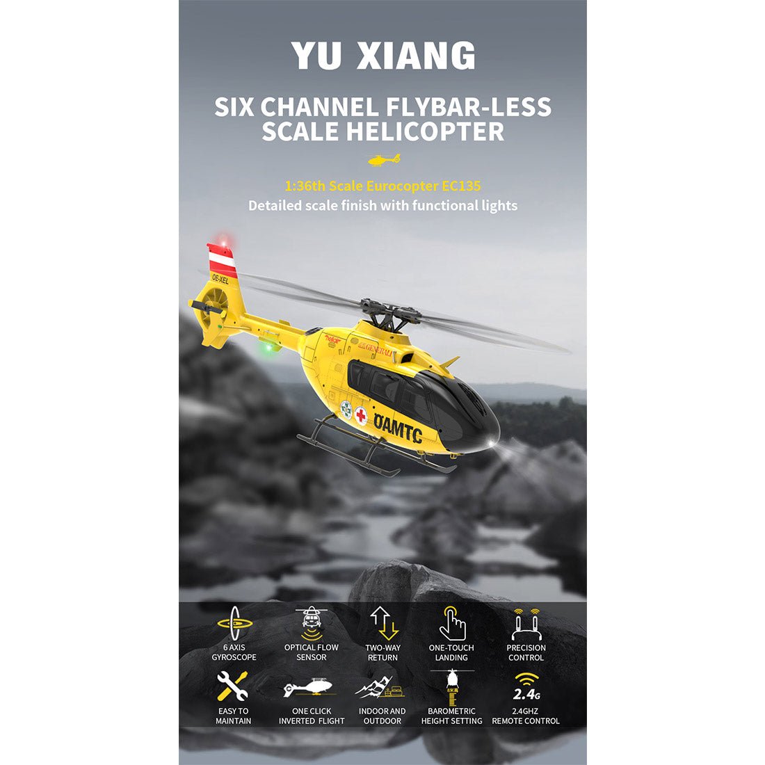 YU XIANG F06 1/36 Scale EC-135 2.4G 6-Channel Brushless RC Helicopter Model - 3D Aerobatic Ready-to-Fly Aircraft RC Airplanes Diyengmod
