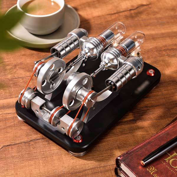 Double Cylinder Stirling Engine Electricity Generator Kit - Educational Model and Gift Collection Multi-Cylinder Stirling Engine Diyengmod