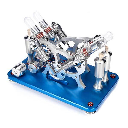 V4 4-Cylinder Stirling Engine Model Kit - External Combustion Generator with Colorful LED Lights Multi-Cylinder Stirling Engine Diyengmod Blue