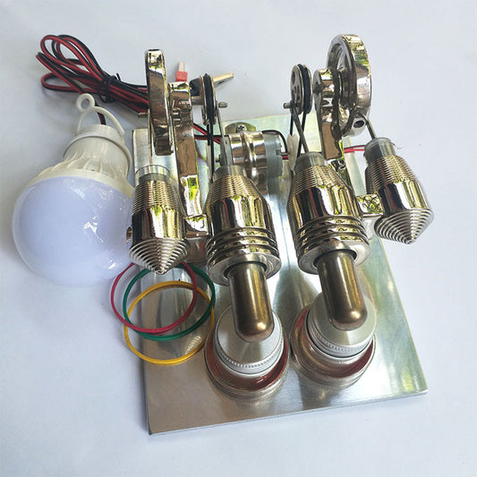 Dual-Cylinder Stirling Engine Kit with LED Generator - External Combustion Model Stirling Engine Diyengmod