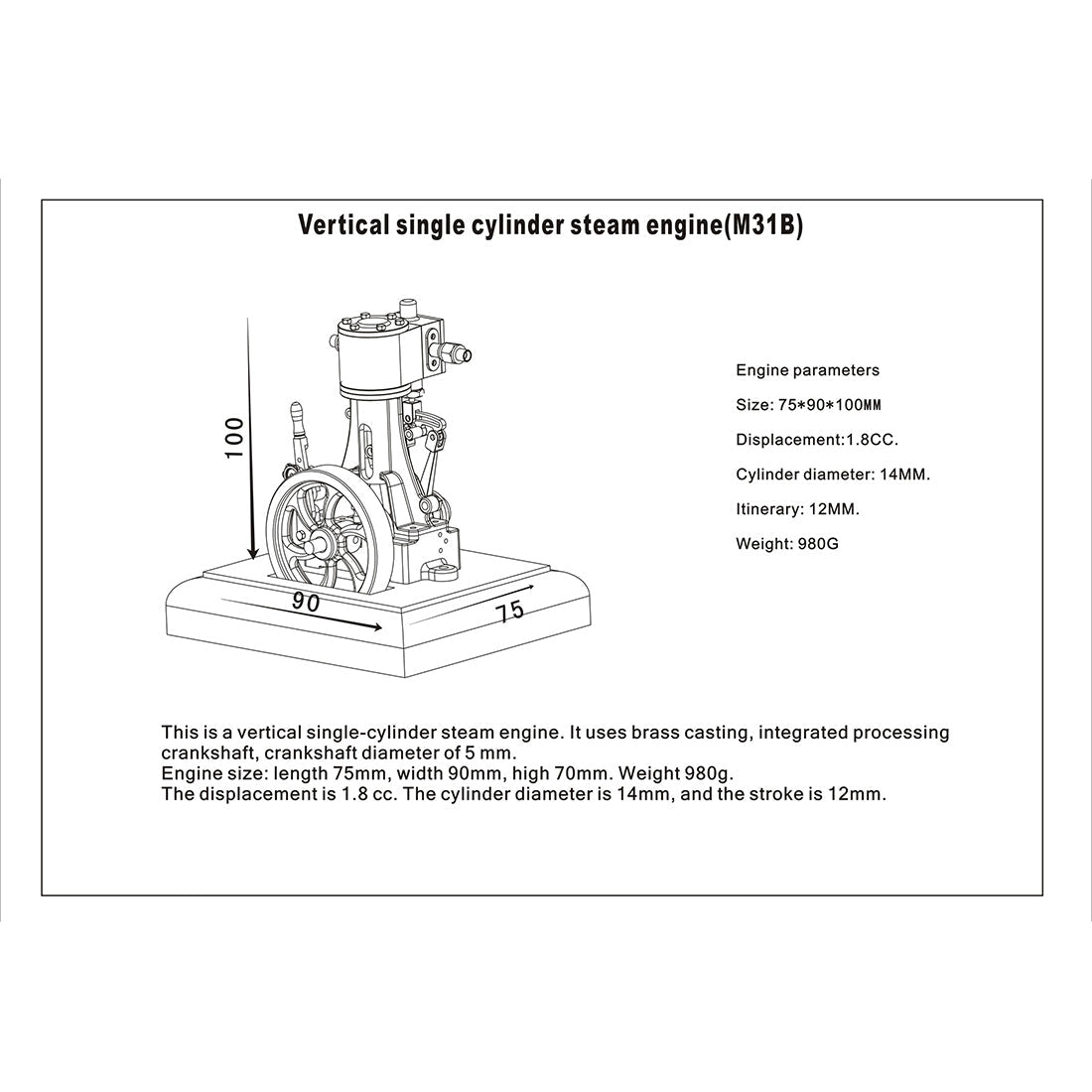 Mini Retro Vertical Steam Engine Model Toy - 1.85CC Double-acting Single-cylinder Engine Models Diyengmod