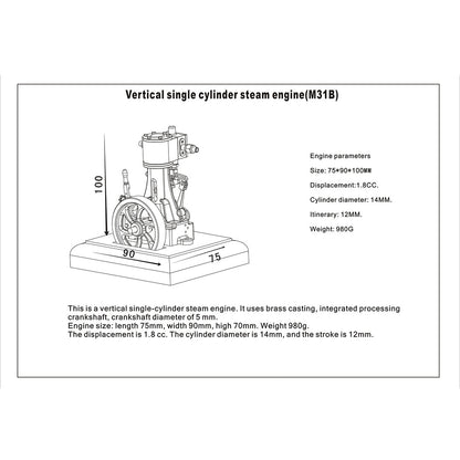 Mini Retro Vertical Steam Engine Model Toy - 1.85CC Double-acting Single-cylinder Engine Models Diyengmod