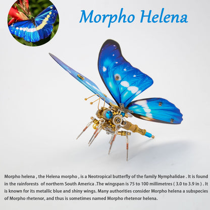 Steampunk 3D Metal Butterfly Model Kit - 3 Distinct Styles: Morpho Helena, Papilio Ulysses & Dichorragia Nesimachus (200+ Parts, Blue) 3D Puzzle Model Kit Diyengmod