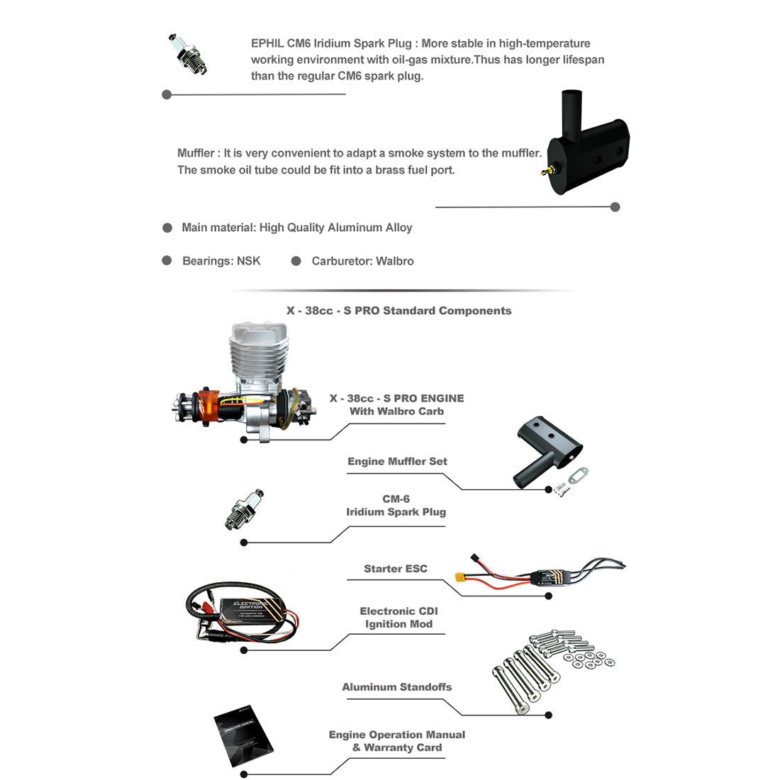 EPHIL X-38cc-S Pro Two-Stroke Electric Start Gasoline Engine for Fixed-Wing Aircraft Models Engine Models Diyengmod