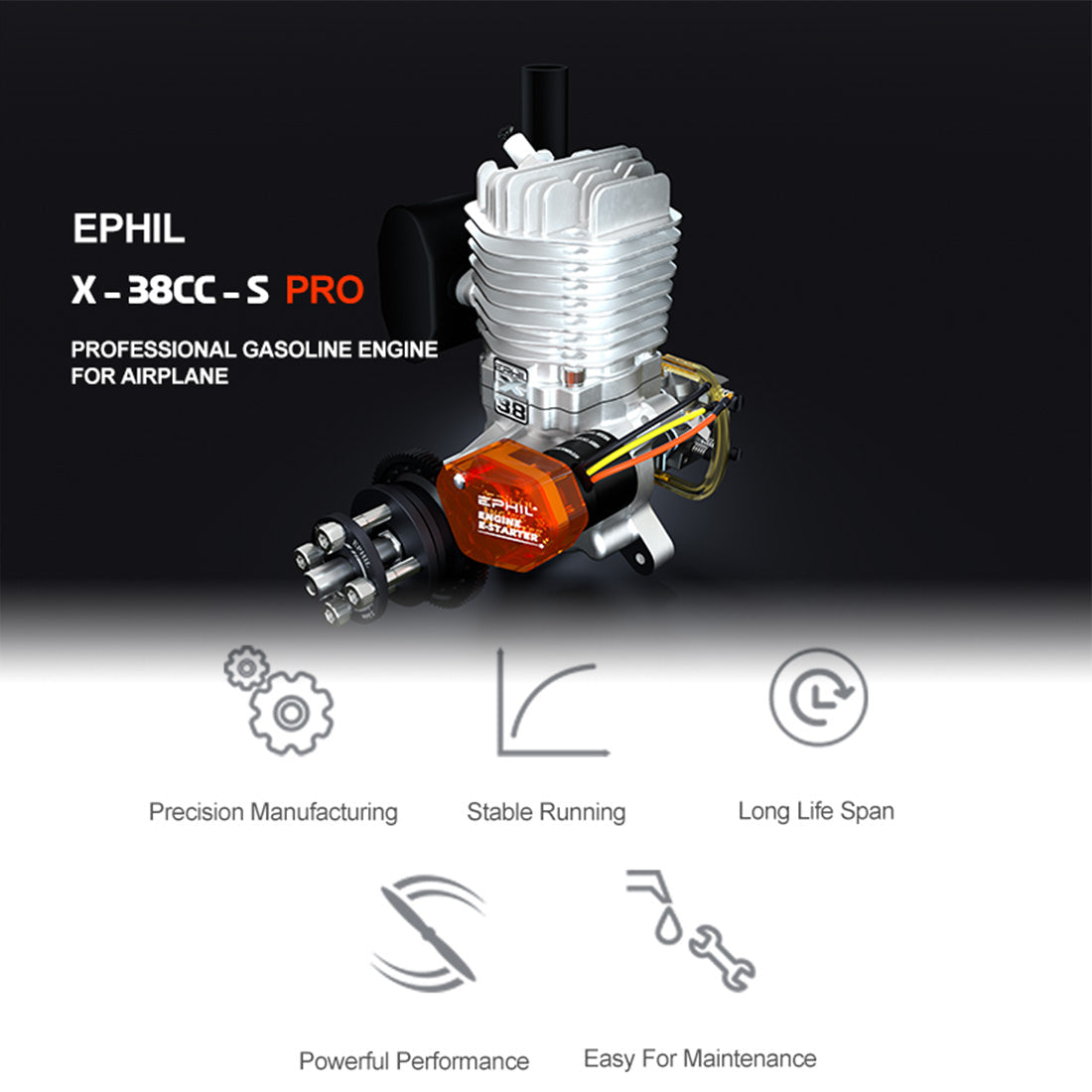 EPHIL X-38cc-S Pro Two-Stroke Electric Start Gasoline Engine for Fixed-Wing Aircraft Models Engine Models Diyengmod