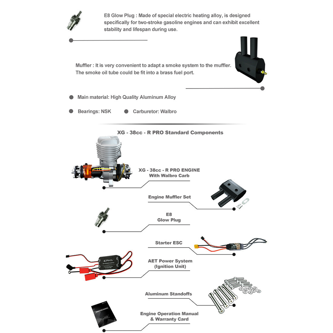 EPHIL XG-38cc-R Pro Electric Start Two-Stroke Gasoline Engine for Fixed-Wing Aircraft Models Engine Models Diyengmod