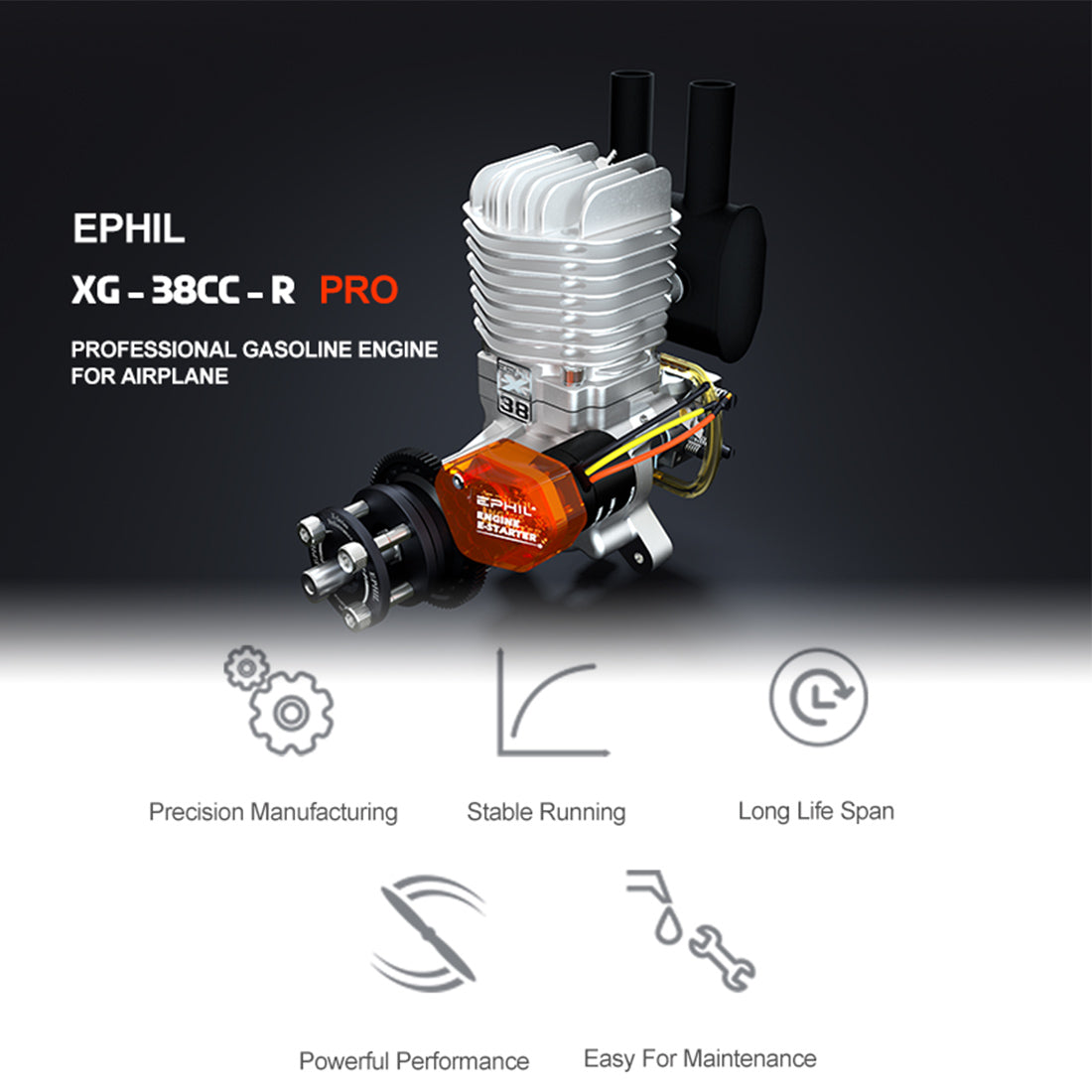 EPHIL XG-38cc-R Pro Electric Start Two-Stroke Gasoline Engine for Fixed-Wing Aircraft Models Engine Models Diyengmod