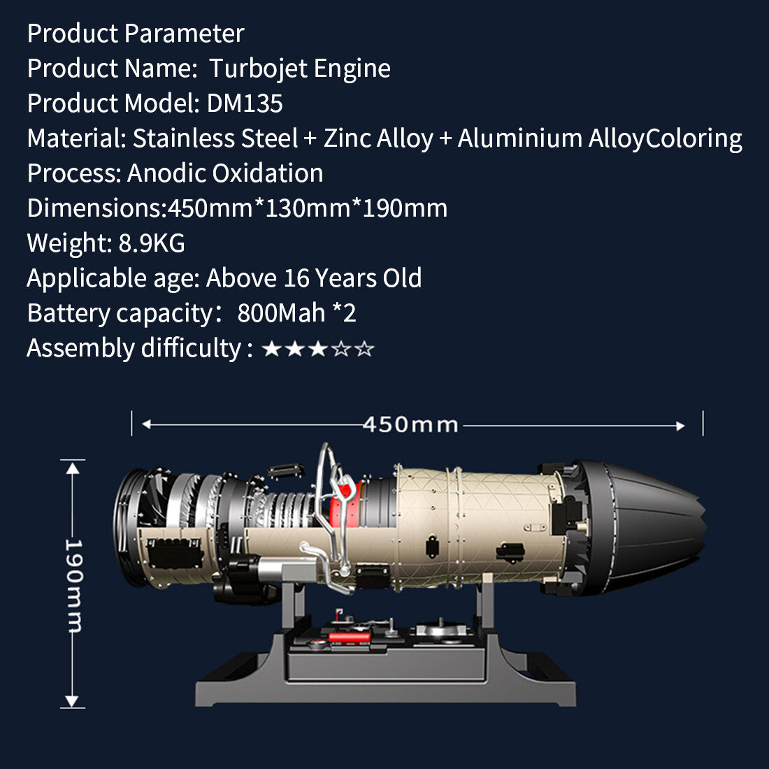 Full Metal Electric Turbofan Engine Model Kit - Assemble Your Own Working Turbojet Engine - TECHING 1/10 Scale Twin Rotor Aircraft DM135 with 600+ Pieces DIY Engine Diyengmod