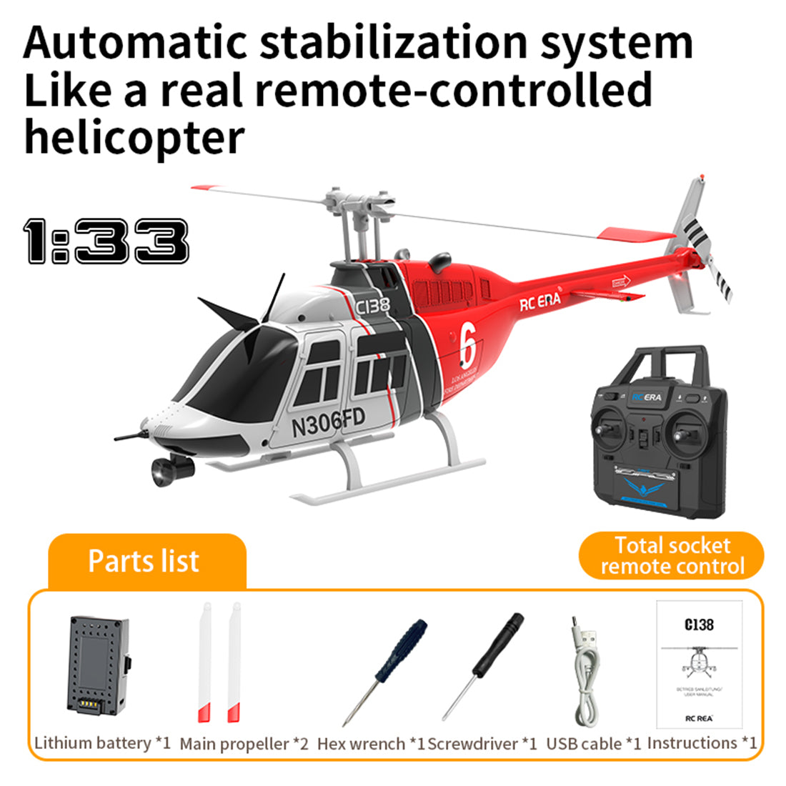 RC ERA C138 1/33 Scale BELL 206 Gyroscopic Helicopter Model - 2.4G 6CH Single-Rotor with Altitude Hold RC Airplanes Diyengmod