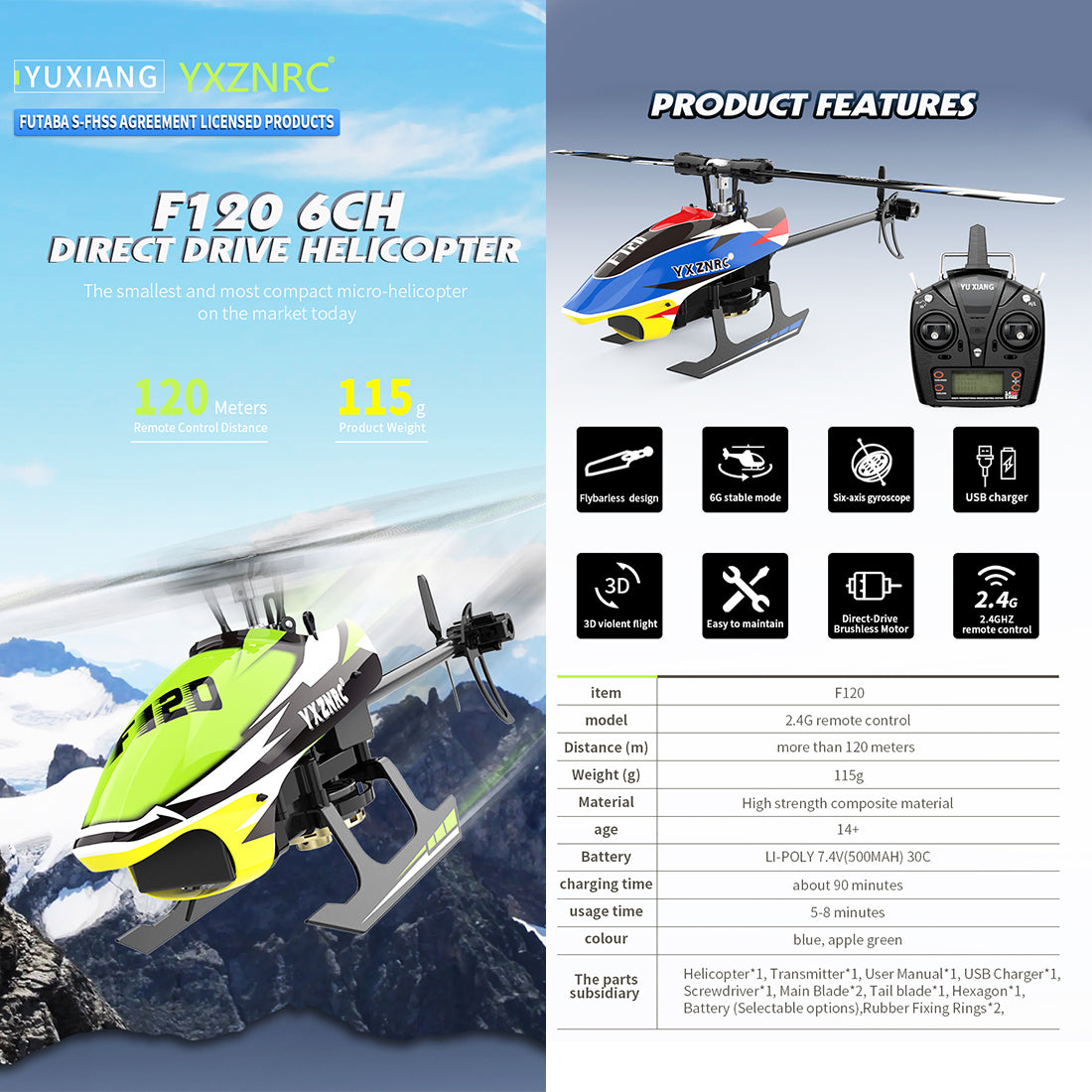 YU XIANG F120 2.4G 6CH Brushless RC Helicopter Model - RTF Edition with Right Hand Throttle RC Airplane Diyengmod