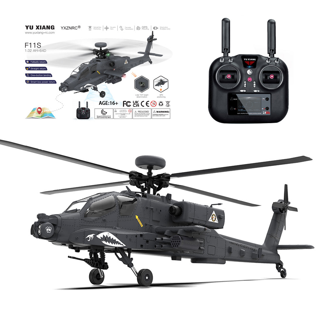 YU XIANG F11-S AH64 1/32 Scale Remote Control Apache Helicopter with GPS and 3D Stunt Capabilities RC Airplanes Diyengmod Without Camera With 1 Battery