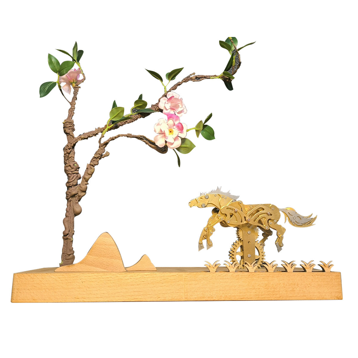 Galloping Brass Horse Mechanical Model with Customizable Wooden Display Base 3D Puzzle Model Kit Diyengmod