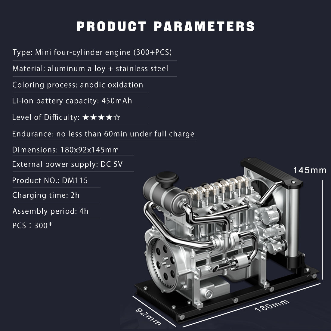 1:10 Scale L4 Diesel Engine Model Kit - Fully Functional Mini Diesel Engine with Cooling System - 300+ Metal Parts by TECHING Engine Models Diyengmod