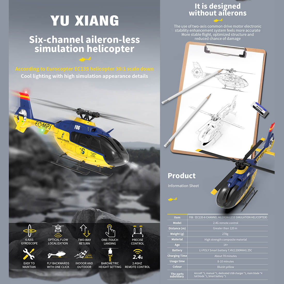 YU XIANG EC-135 1/36 Scale 2.4G 6CH Brushless RC Helicopter with LED Lighting (Ready-to-Fly Mode 1) RC Airplane Diyengmod