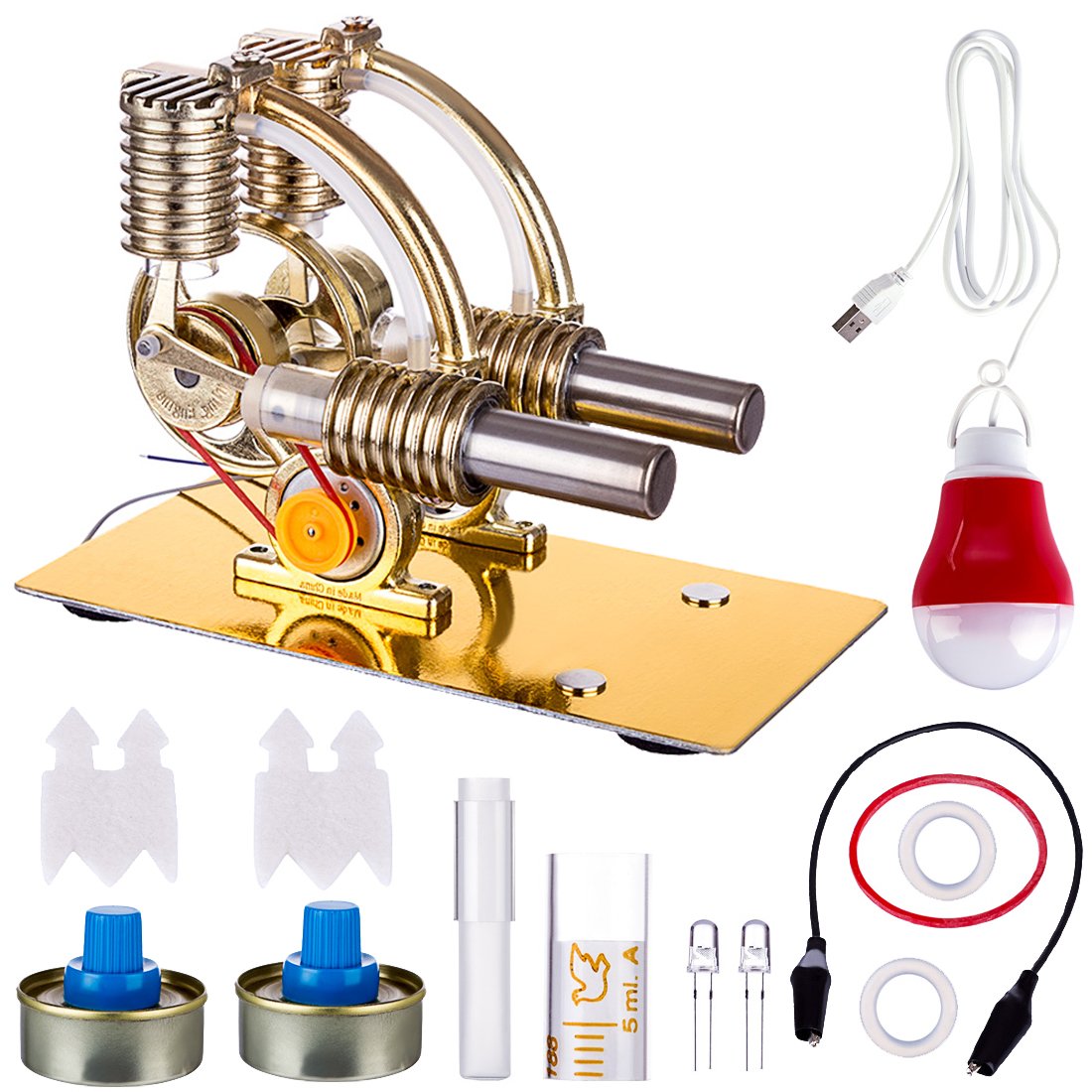 L-Shape Dual Cylinder Stirling Engine with Large Bulb and Alcohol Burner Multi-Cylinder Stirling Engine Diyengmod