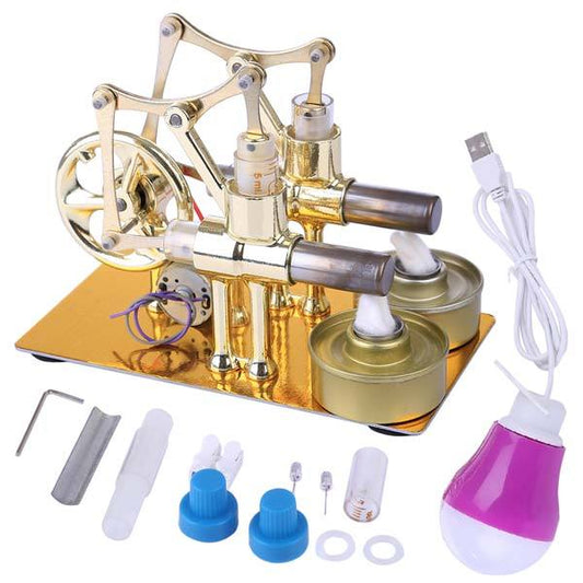 2 Cylinder Stirling Engine Physics Experiment Kit with Bulb - DIY Educational Model Multi-Cylinder Stirling Engine Diyengmod
