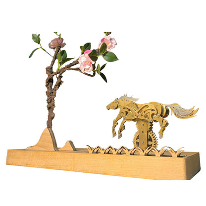 Galloping Brass Horse Mechanical Model with Customizable Wooden Display Base 3D Puzzle Model Kit Diyengmod