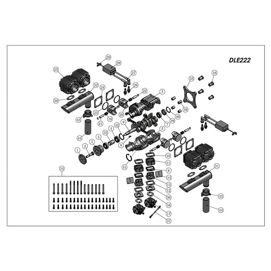 DLE222 222CC High-Performance Four-Cylinder 2-Stroke Air-Cooled Gasoline Engine for RC Airplane Models RC Airplane Diyengmod