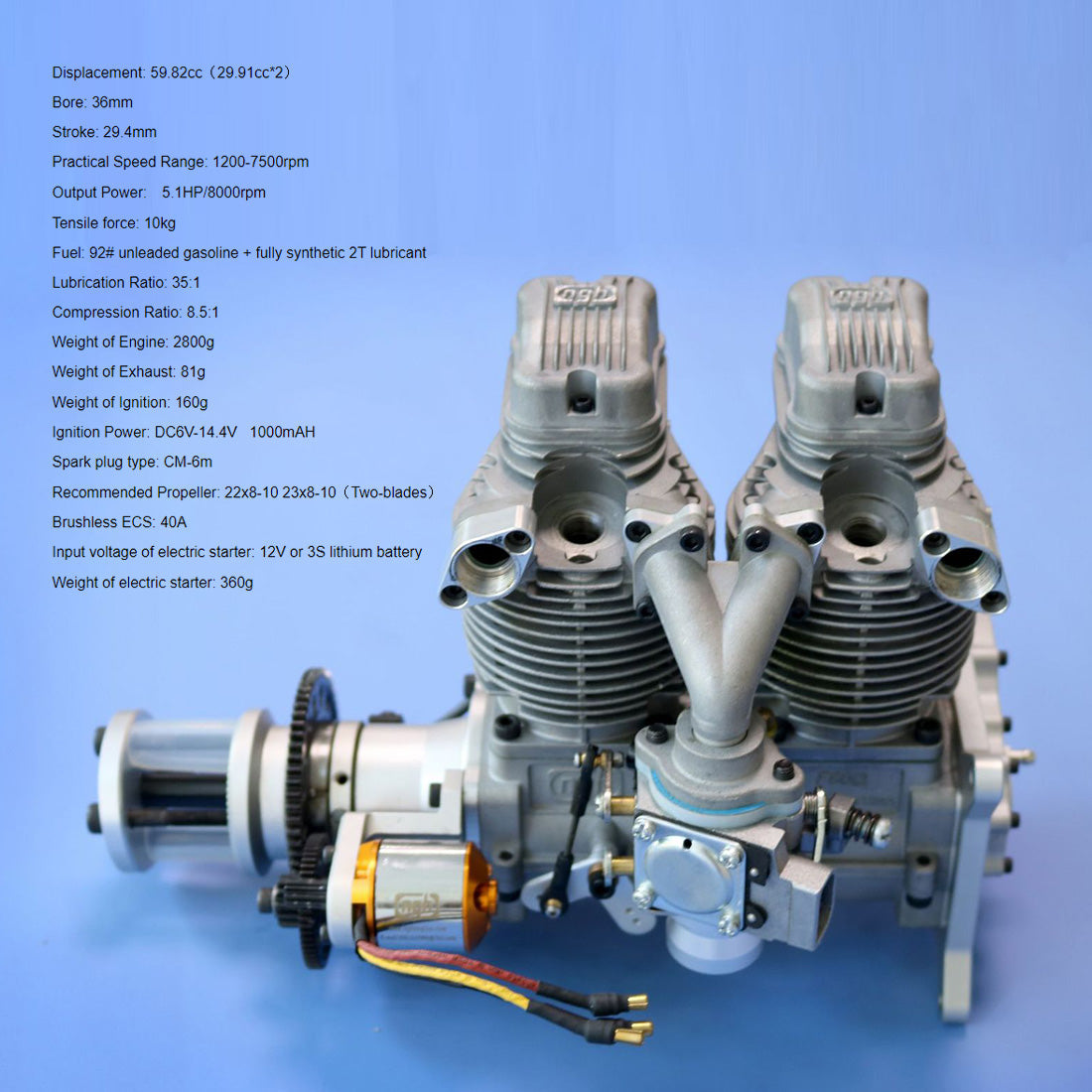 60cc NGH GF60i2-E Inline Twin-Cylinder Four-Stroke Gasoline Engine with Electric Starter for RC Airplanes Engine Model Diyengmod