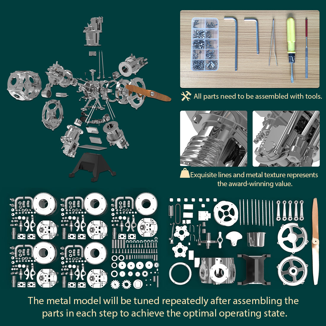 Build Your Own Functional 5 Cylinder Radial Engine Model Kit - TECHING 1:6 Scale Full Metal Engine Kit with 230+ Parts Engine Model Diyengmod