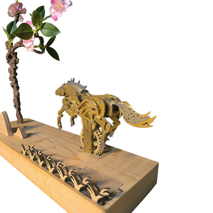 Galloping Brass Horse Mechanical Model with Customizable Wooden Display Base 3D Puzzle Model Kit Diyengmod