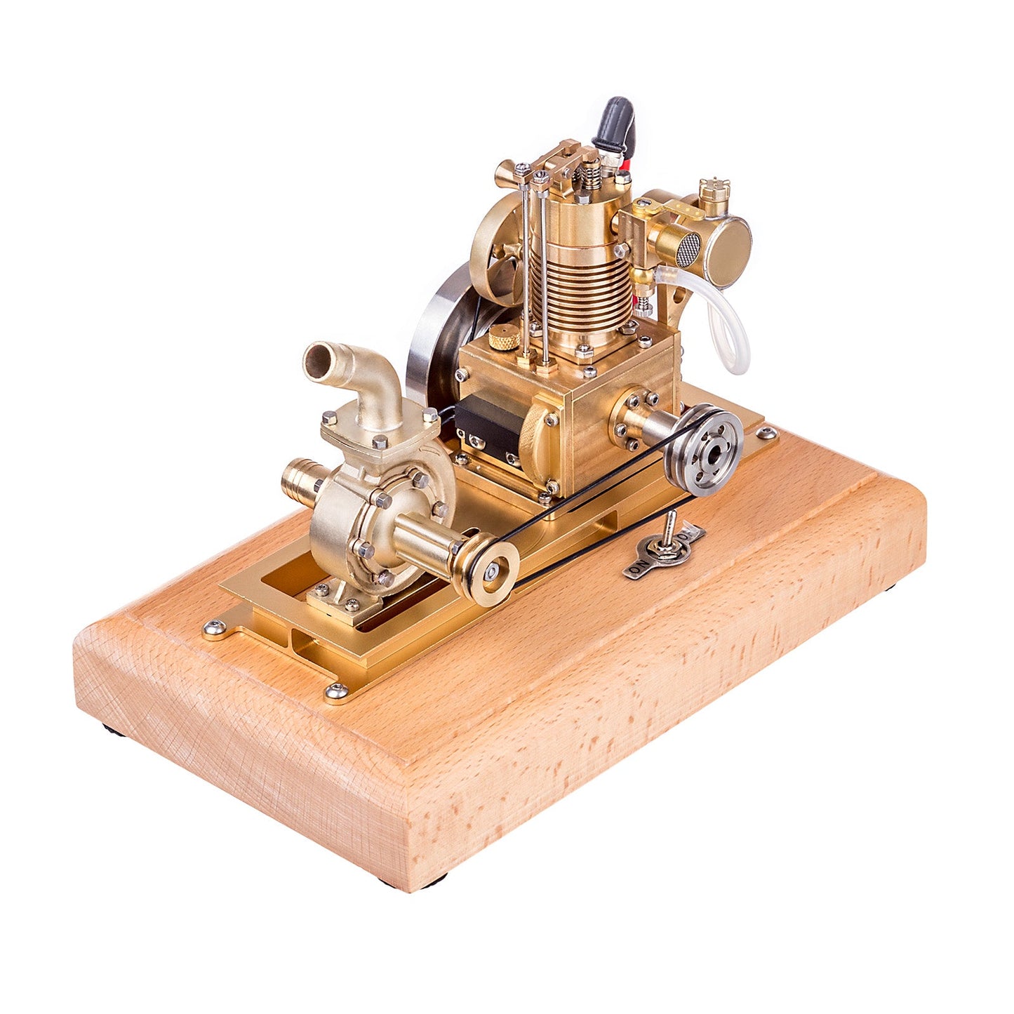 Miniature 1.6cc Vertical Air-Cooled Gasoline Engine Model with Vane Pump and Wooden Base Engine Models Diyengmod