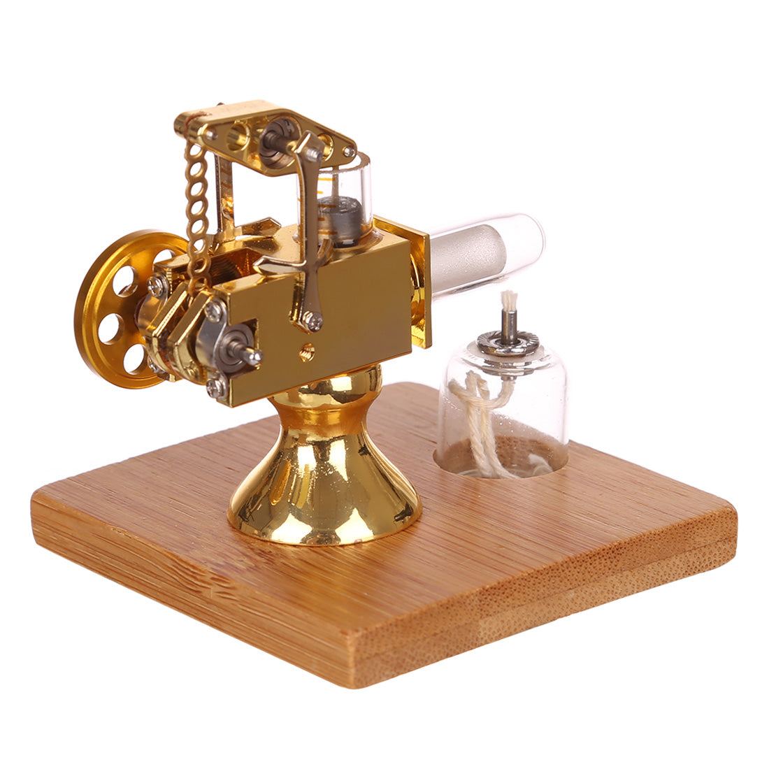 Golden Mini Balance Stirling Engine Model with Quartz Heating Cylinder and Wooden Base Stirling Engine Diyengmod