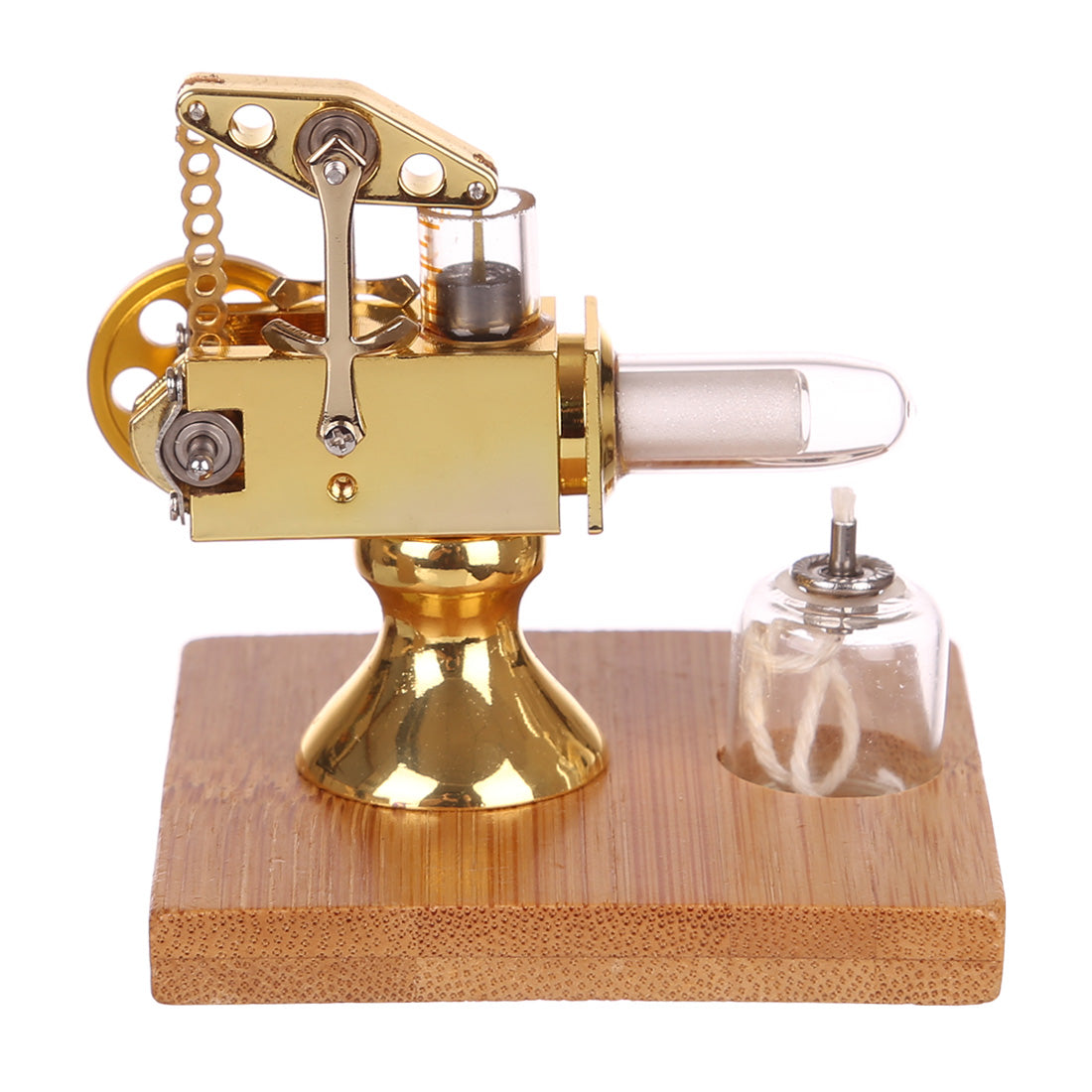 Golden Mini Balance Stirling Engine Model with Quartz Heating Cylinder and Wooden Base Stirling Engine Diyengmod