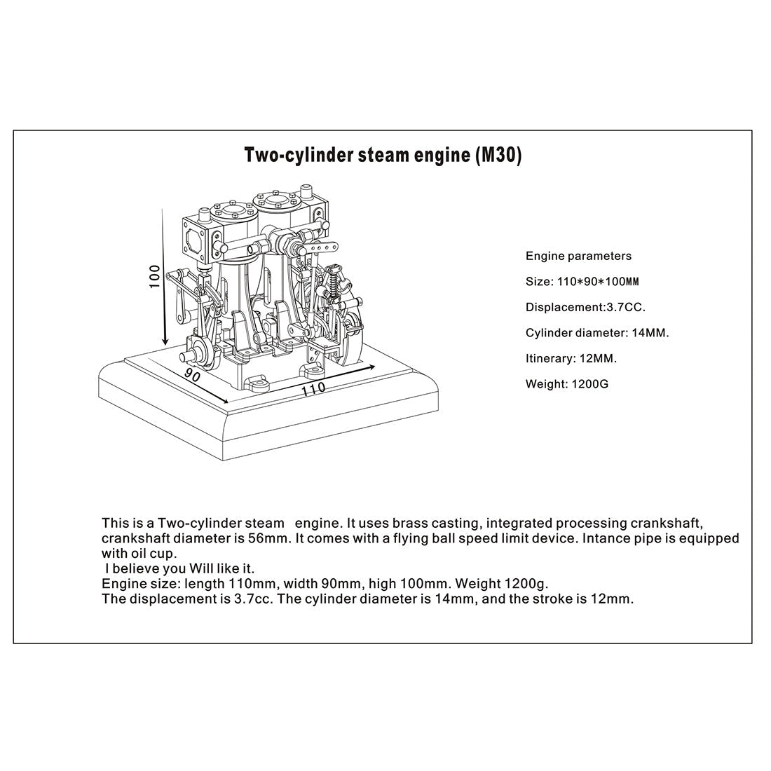 M30 Mini Retro Double-cylinder Steam Engine Model with Speed Reducer for Hobbyists Engine Models Diyengmod