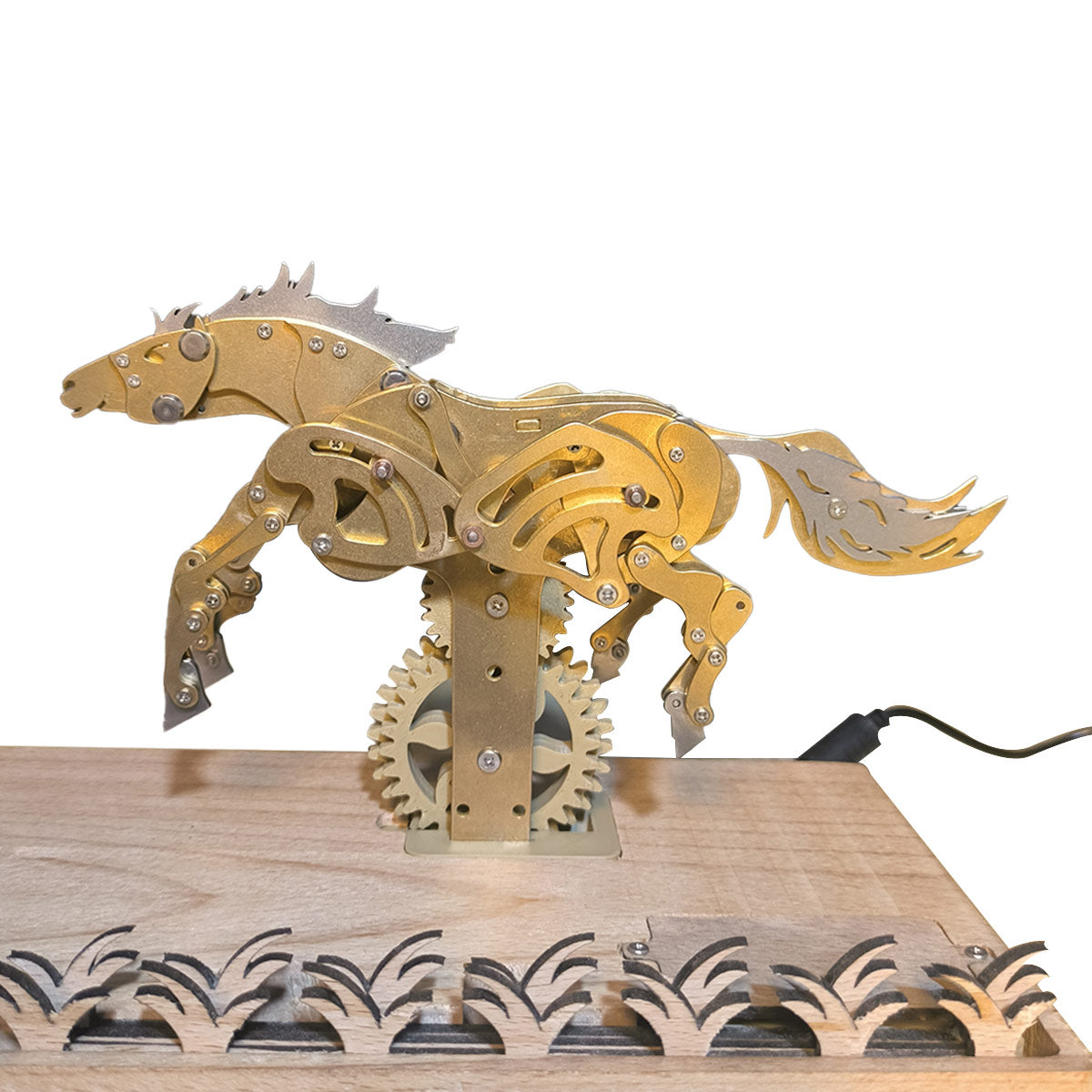 Galloping Brass Horse Mechanical Model with Customizable Wooden Display Base 3D Puzzle Model Kit Diyengmod