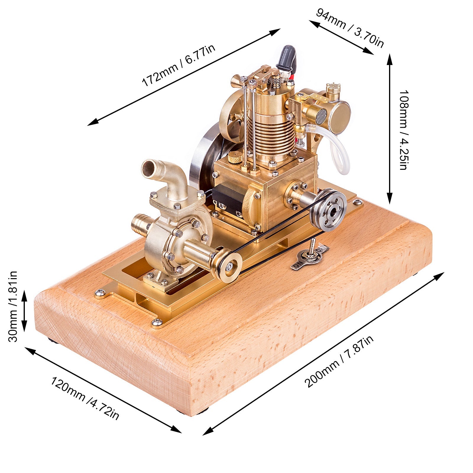 Miniature 1.6cc Vertical Air-Cooled Gasoline Engine Model with Vane Pump and Wooden Base Engine Models Diyengmod