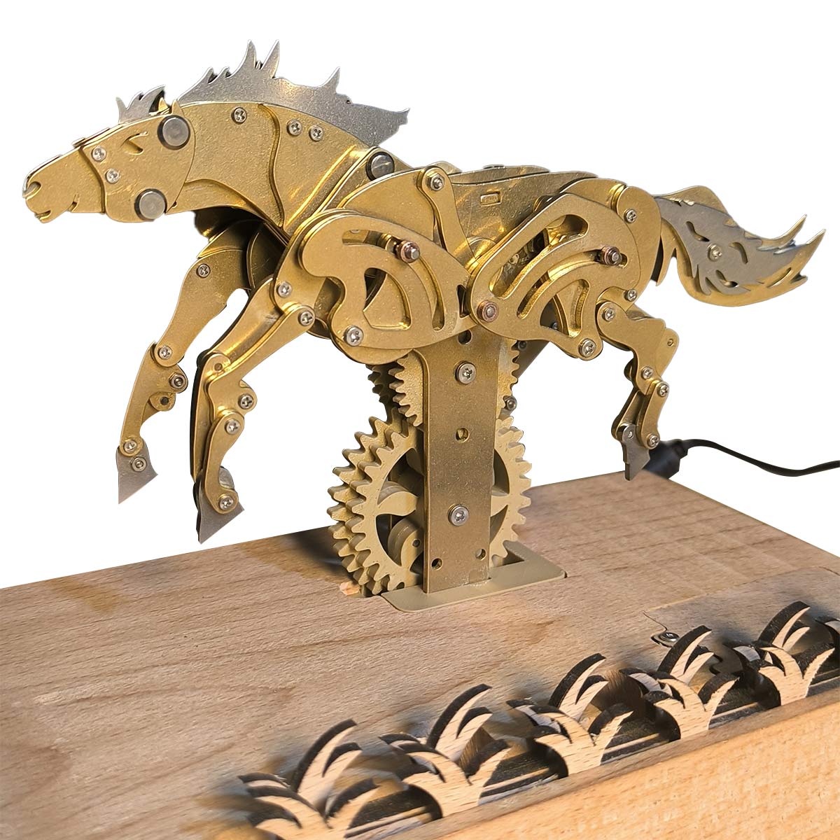 Galloping Brass Horse Mechanical Model with Customizable Wooden Display Base 3D Puzzle Model Kit Diyengmod