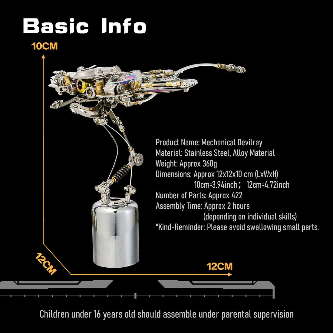 Steampunk Mechanical Devilray 3D Metal Assembly Kit with Illuminated Eyes and Clear Wings 3D Puzzle Model Kit Diyengmod