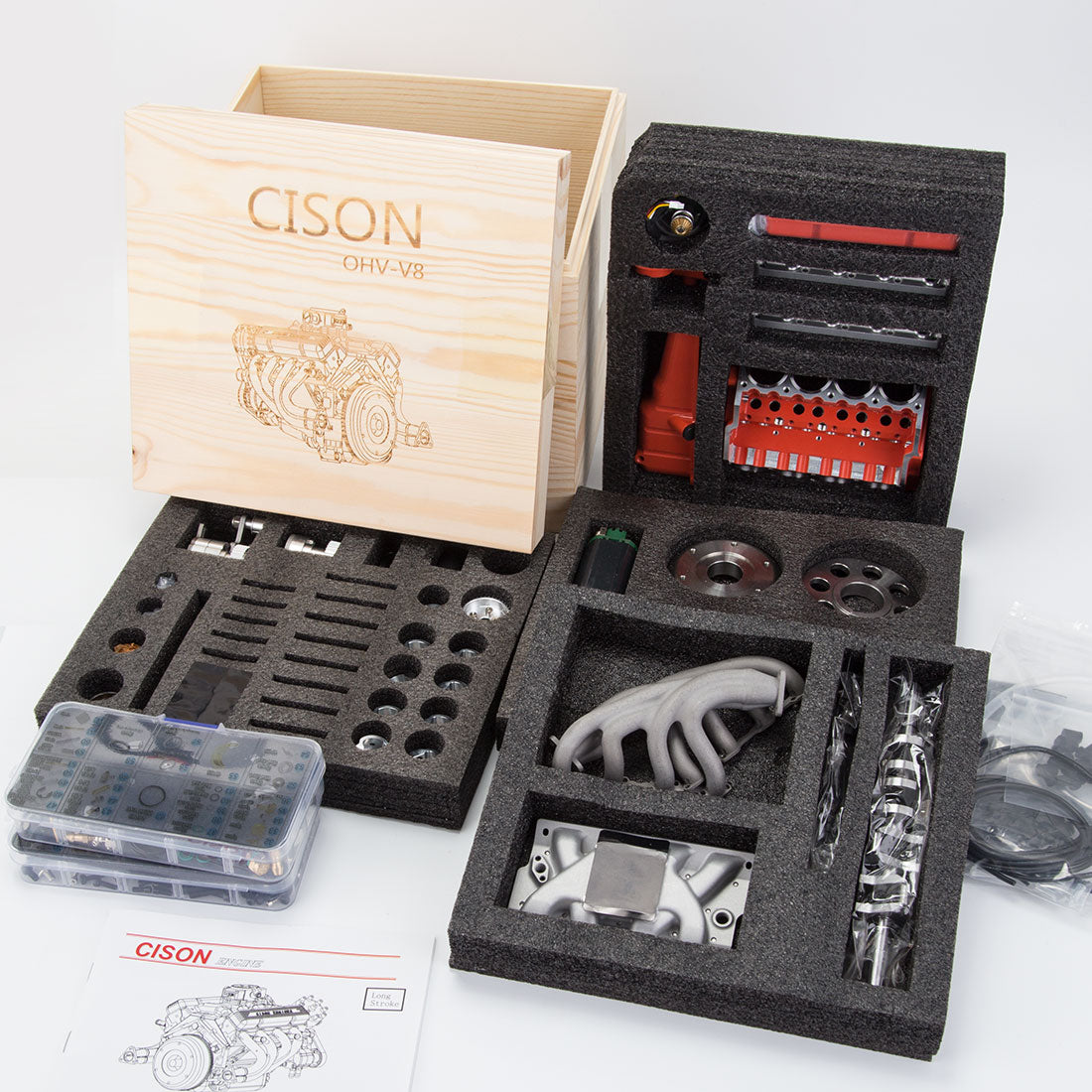 CISON 44CC V8 Gas Engine Model Kit - Build Your Own Functional 1/6 Scale Water-Cooled OHV 4-Stroke Engine DIY Engine Diyengmod