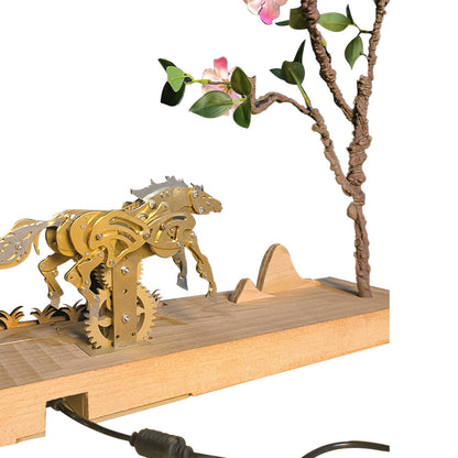 Galloping Brass Horse Mechanical Model with Customizable Wooden Display Base 3D Puzzle Model Kit Diyengmod