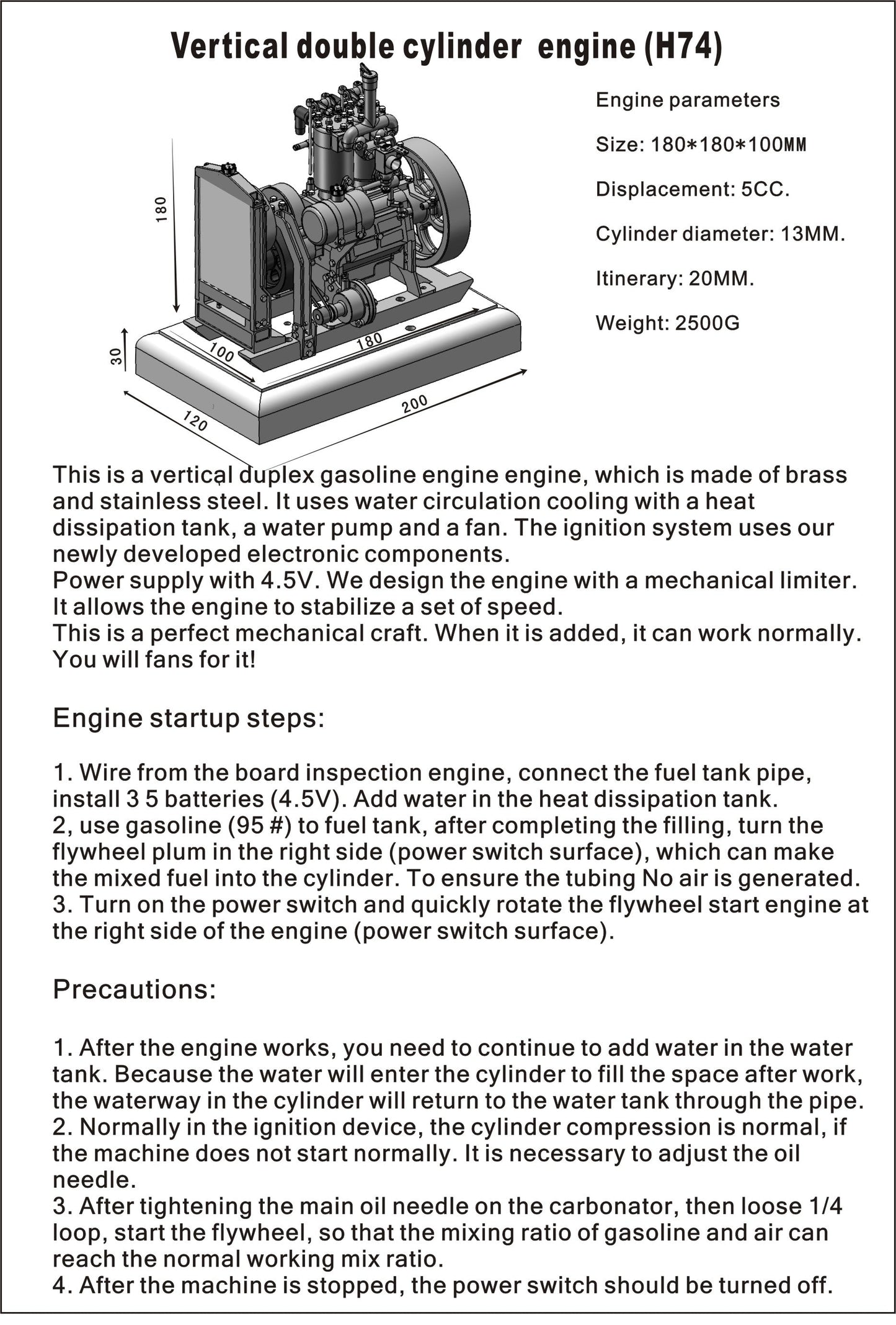 H74 Vintage 5CC Dual-Cylinder 4-Stroke Water-Cooled Gasoline Engine Model - DIY Mechanical Craft Engine Model Diyengmod