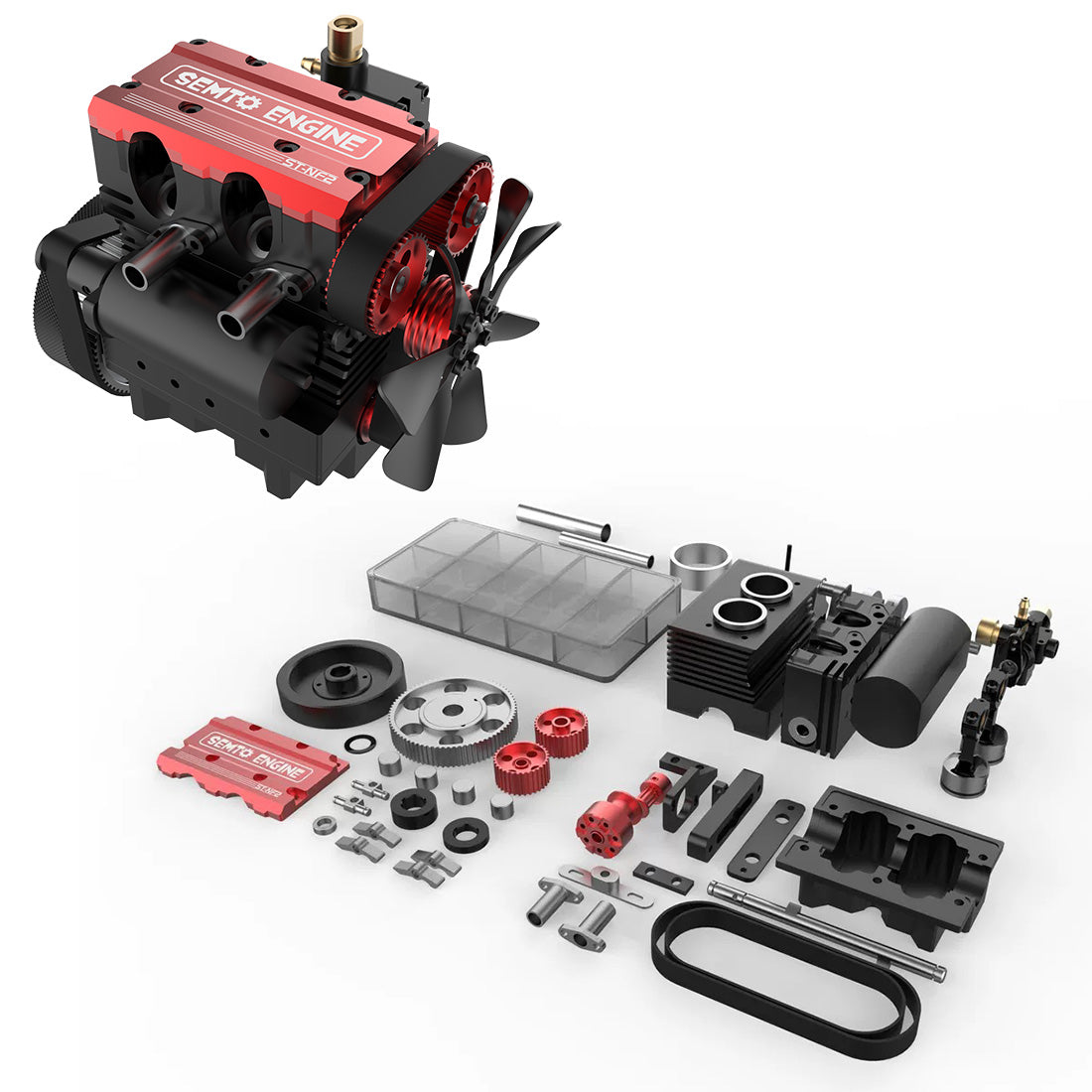 SEMTO ST-NF2 7cc SOHC Inline 2-Cylinder 4-Stroke Air-Cooled Nitro Engine Model Kit - Assemble Your Own Functional Engine RC Engine Diyengmod RED