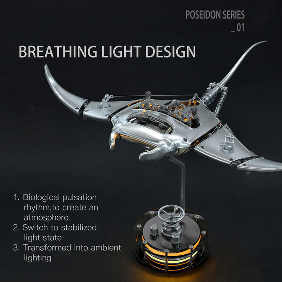 Illuminated 3D Metal Manta Ray Mechanical Model Kit - DIY Bionic Assembly 3D Puzzle Model Kit Diyengmod