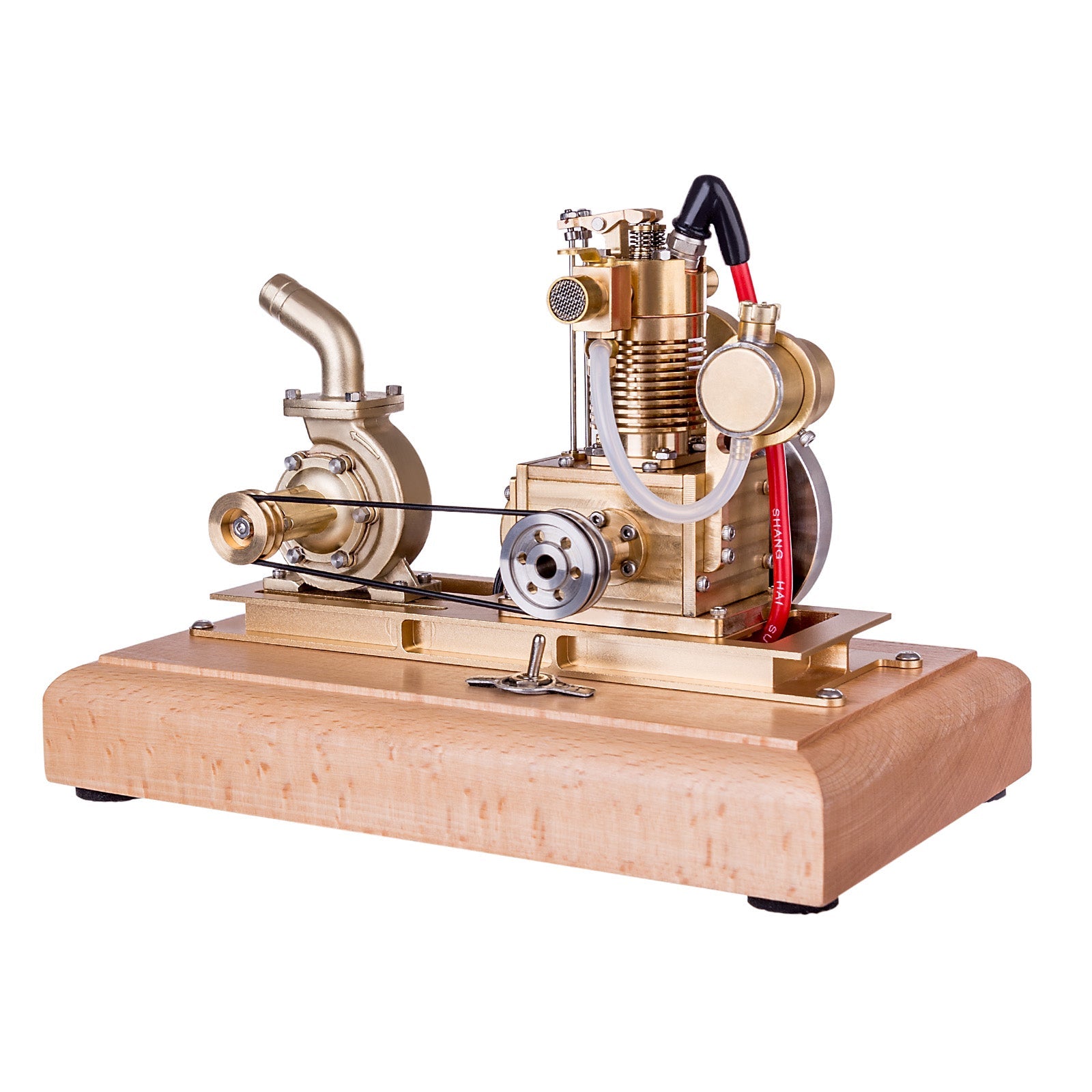 Miniature 1.6cc Vertical Air-Cooled Gasoline Engine Model with Vane Pump and Wooden Base Engine Models Diyengmod