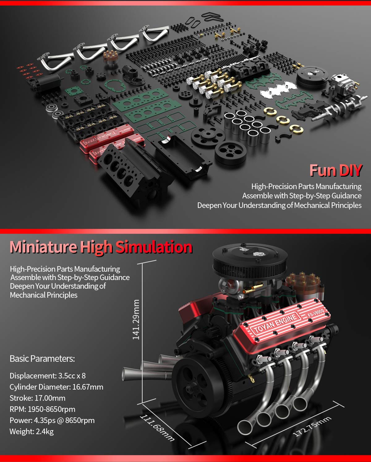 TOYAN FS-V800WGPC 28cc V8 Engine Model Kit - Build Your Own Functional Gasoline Engine DIY Engine Diyengmod