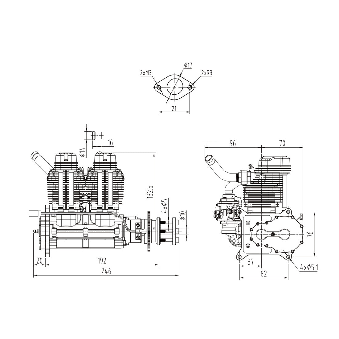 60cc NGH GF60i2-E Inline Twin-Cylinder Four-Stroke Gasoline Engine with Electric Starter for RC Airplanes Engine Model Diyengmod