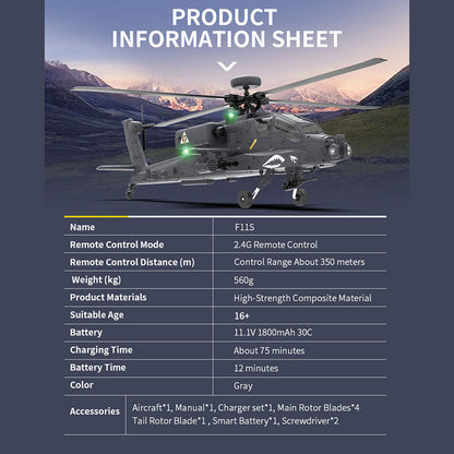 YU XIANG F11-S AH64 1/32 Scale Remote Control Apache Helicopter with GPS and 3D Stunt Capabilities RC Airplanes Diyengmod