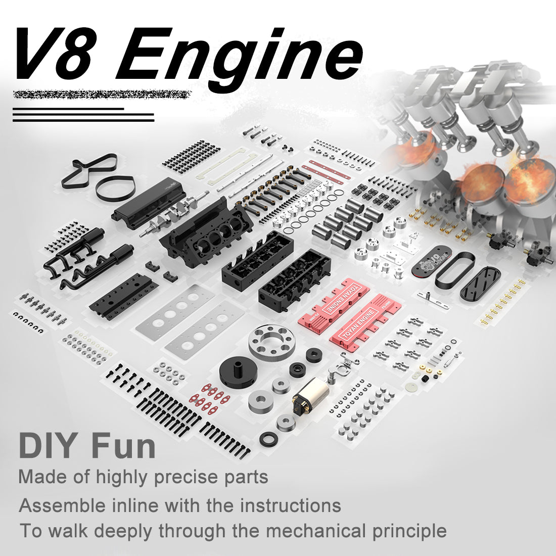 TOYAN FS-V800 V8 Nitro Engine Kit with Starter, Stand, and Accessories for DIY Model Building Diyengmod