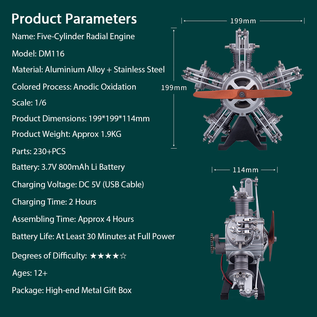 Build Your Own Functional 5 Cylinder Radial Engine Model Kit - TECHING 1:6 Scale Full Metal Engine Kit with 230+ Parts Engine Model Diyengmod