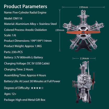 Build Your Own Functional 5 Cylinder Radial Engine Model Kit - TECHING 1:6 Scale Full Metal Engine Kit with 230+ Parts Engine Model Diyengmod