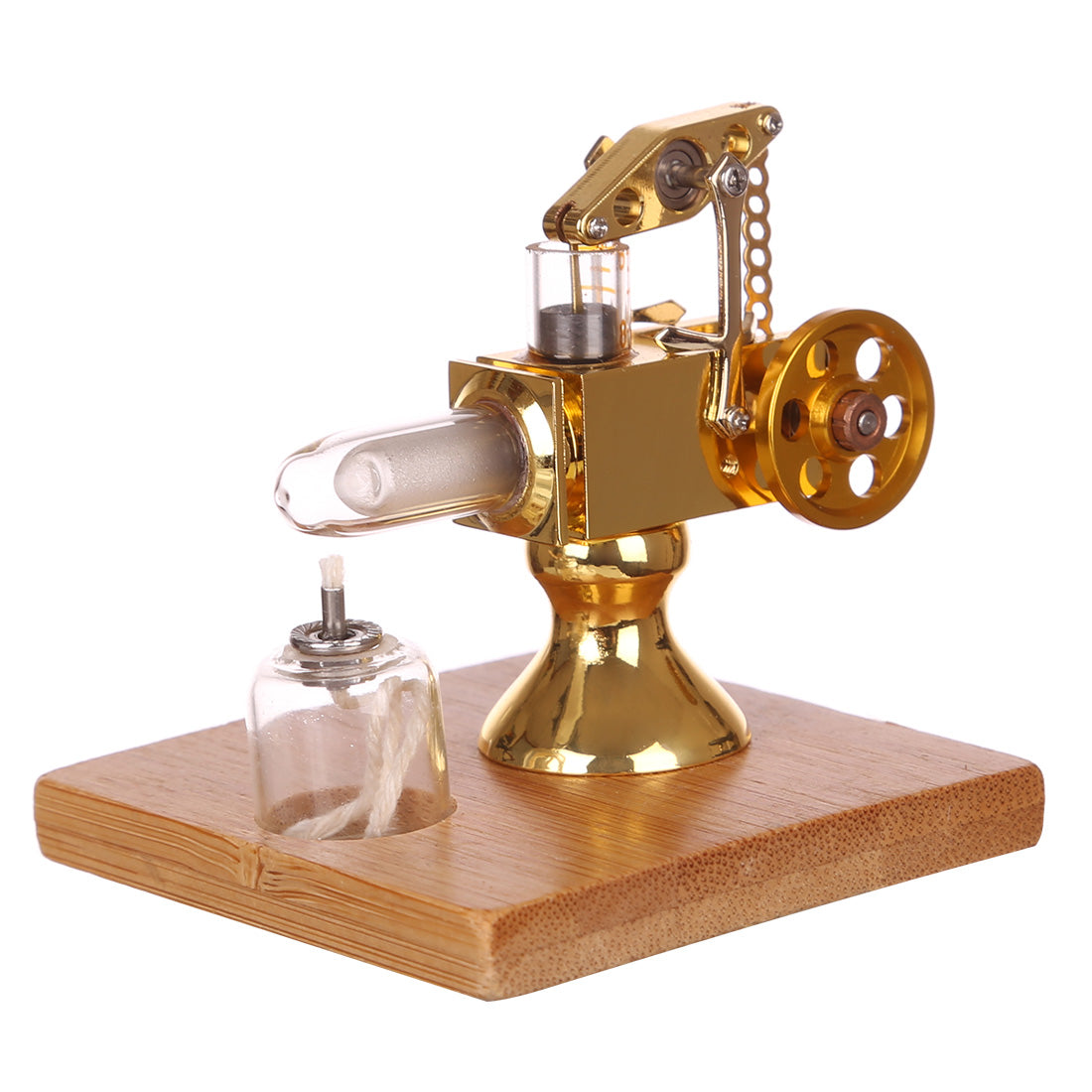 Golden Mini Balance Stirling Engine Model with Quartz Heating Cylinder and Wooden Base Stirling Engine Diyengmod